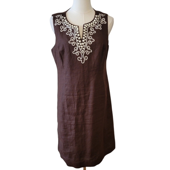 Talbots Chocolate Brown Sleeveless Embellished Linen Dress Size 10 Petite - Picture 2 of 6